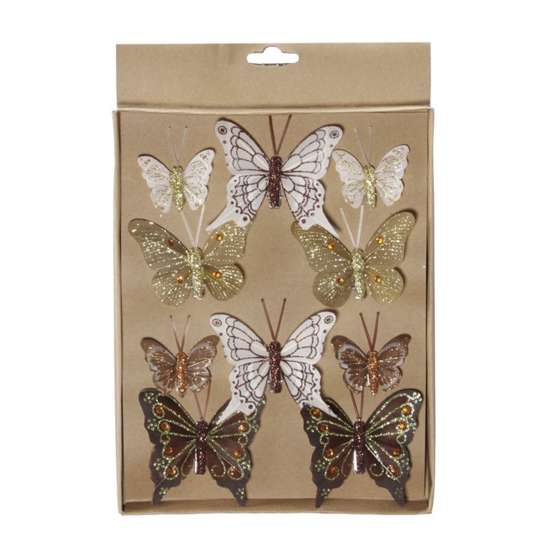 10x stuks decoratie vlinders op clip bruin-goud diverse maten