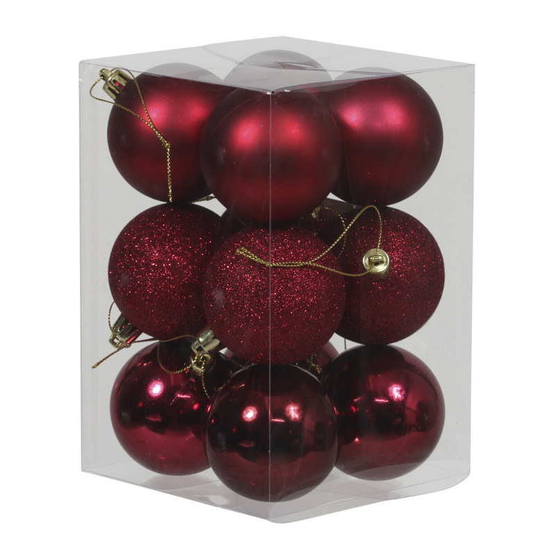 12x Donkerrode kunststof kerstballen 6 cm glans-mat-glitter