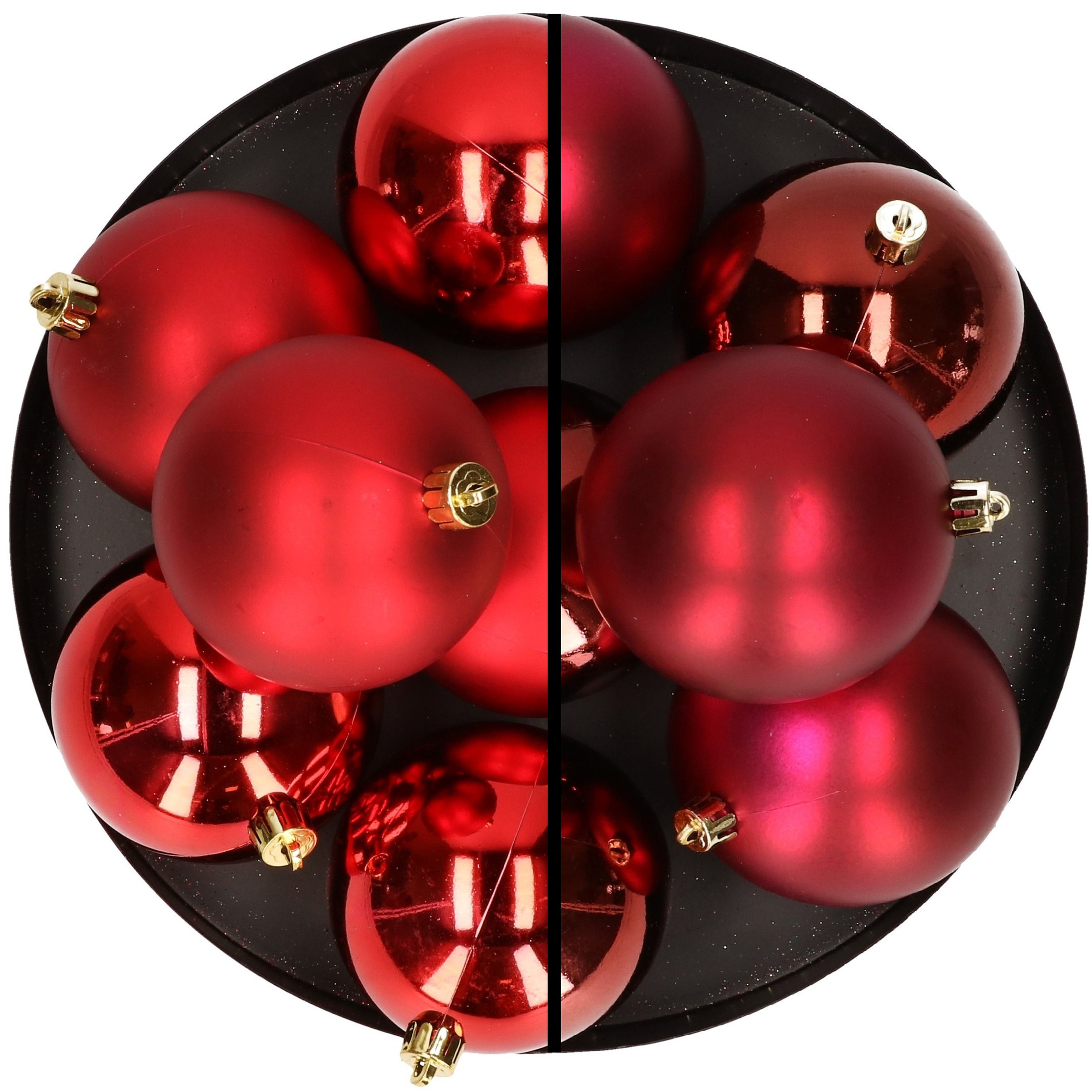 12x stuks kunststof kerstballen 8 cm mix van donkerrood en rood