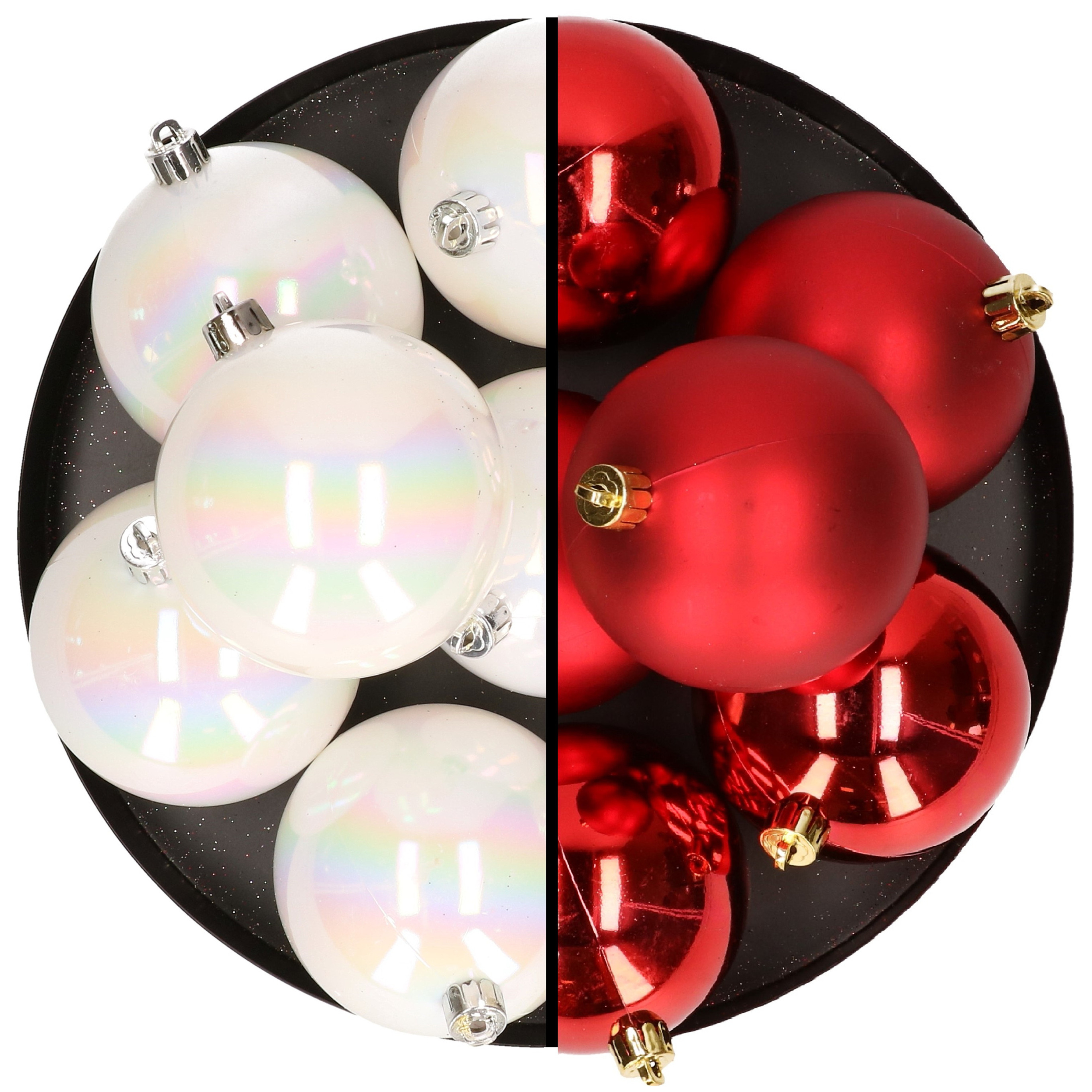 12x stuks kunststof kerstballen 8 cm mix van parelmoer wit en rood