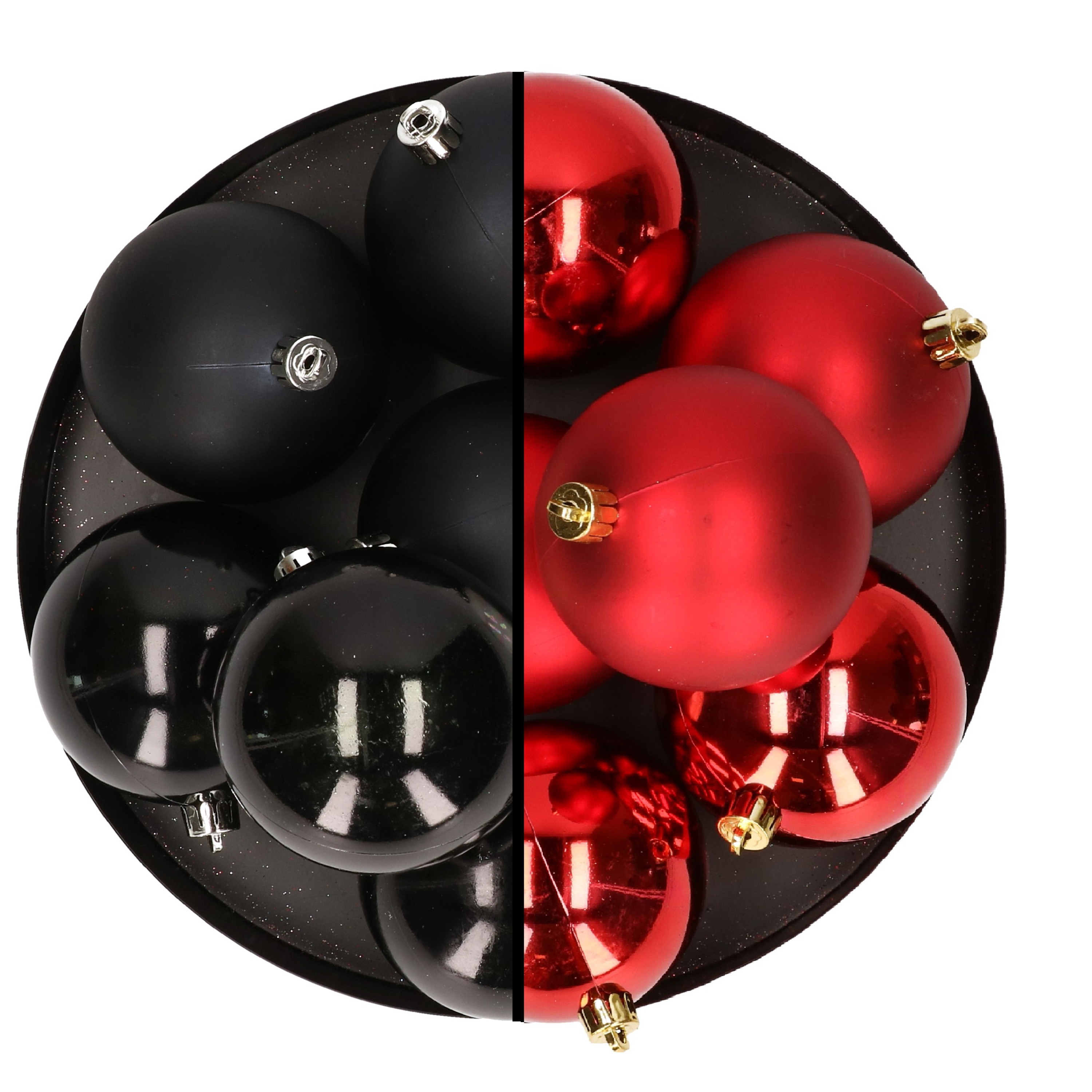12x stuks kunststof kerstballen 8 cm mix van zwart en rood
