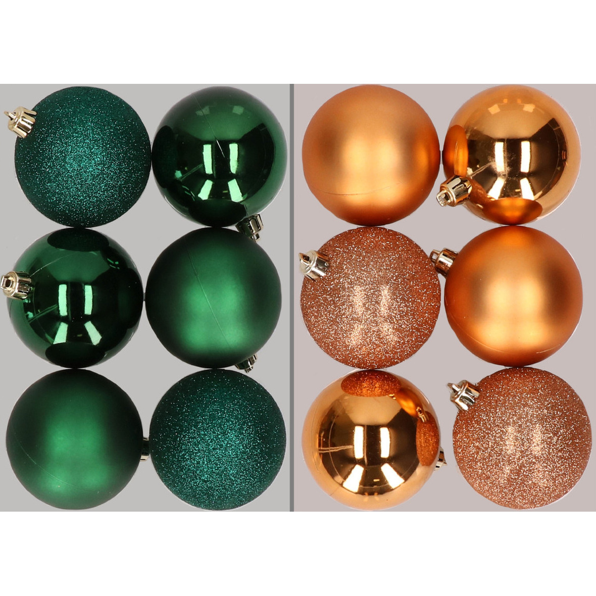 12x stuks kunststof kerstballen mix van donkergroen en koper 8 cm