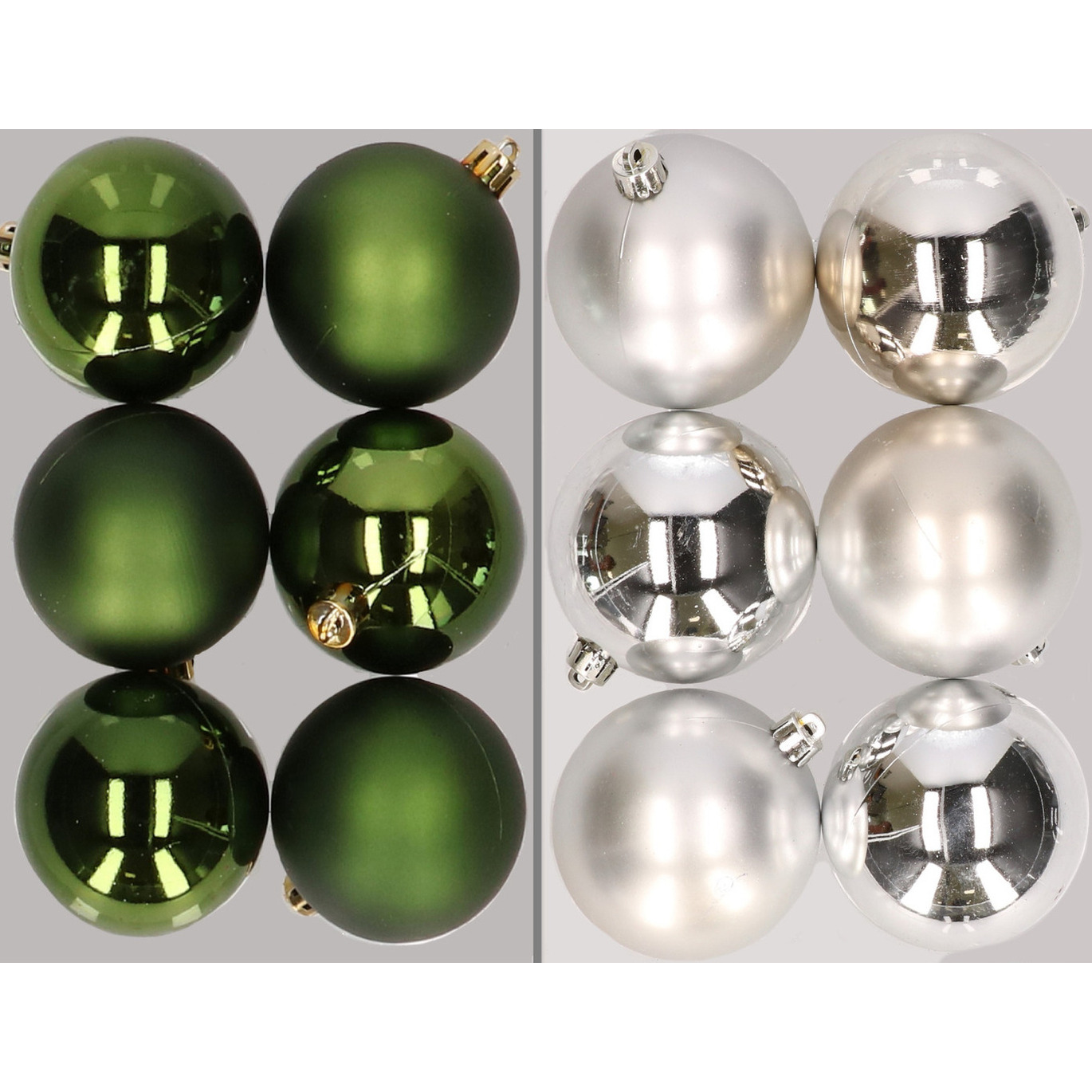 12x stuks kunststof kerstballen mix van donkergroen en zilver 8 cm