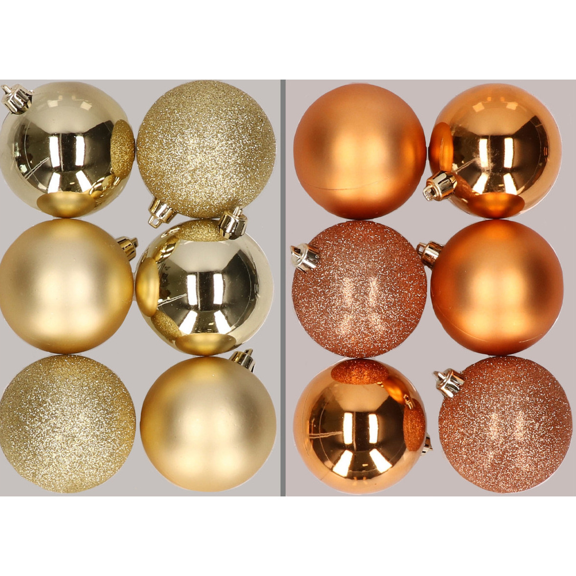 12x stuks kunststof kerstballen mix van goud en koper 8 cm
