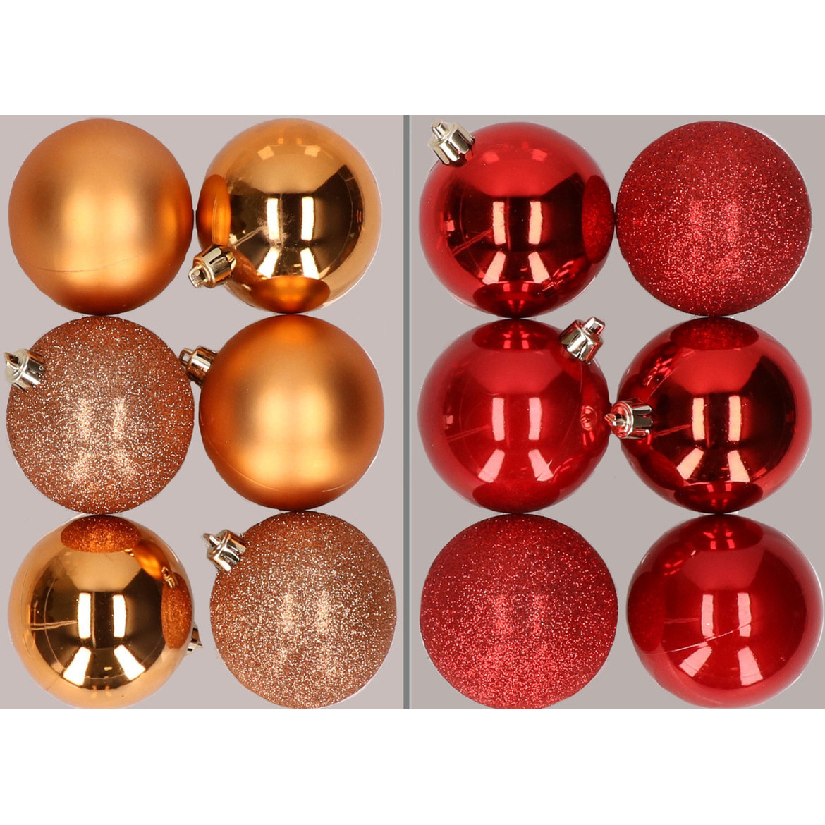 12x stuks kunststof kerstballen mix van koper en rood 8 cm