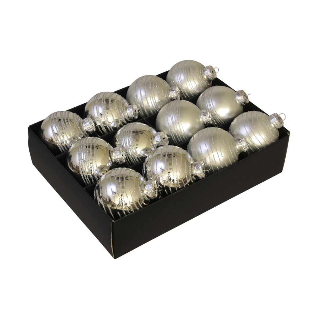 12x stuks luxe glazen gedecoreerde kerstballen zilver 7,5 cm