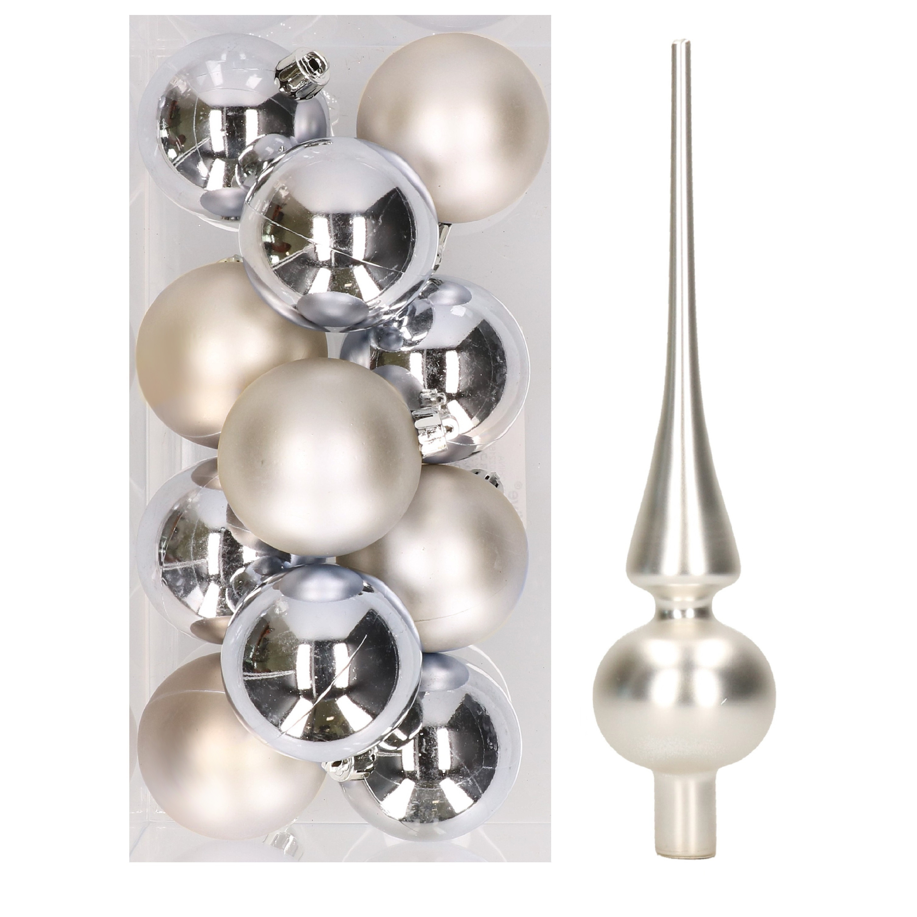 12x Zilveren kunststof kerstballen met glazen piek mat