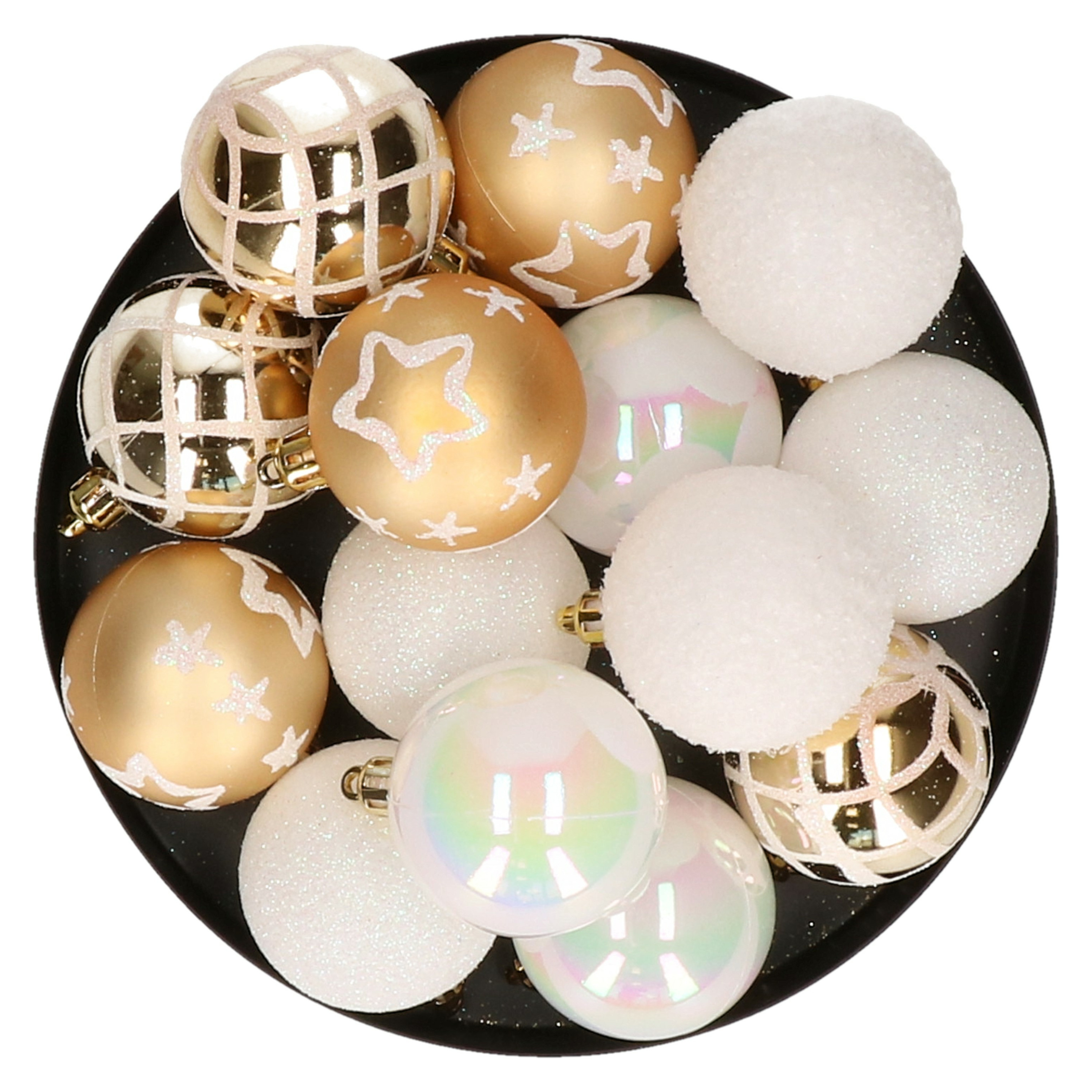 15x stuks kerstballen mix wit-goud gedecoreerd kunststof 5 cm