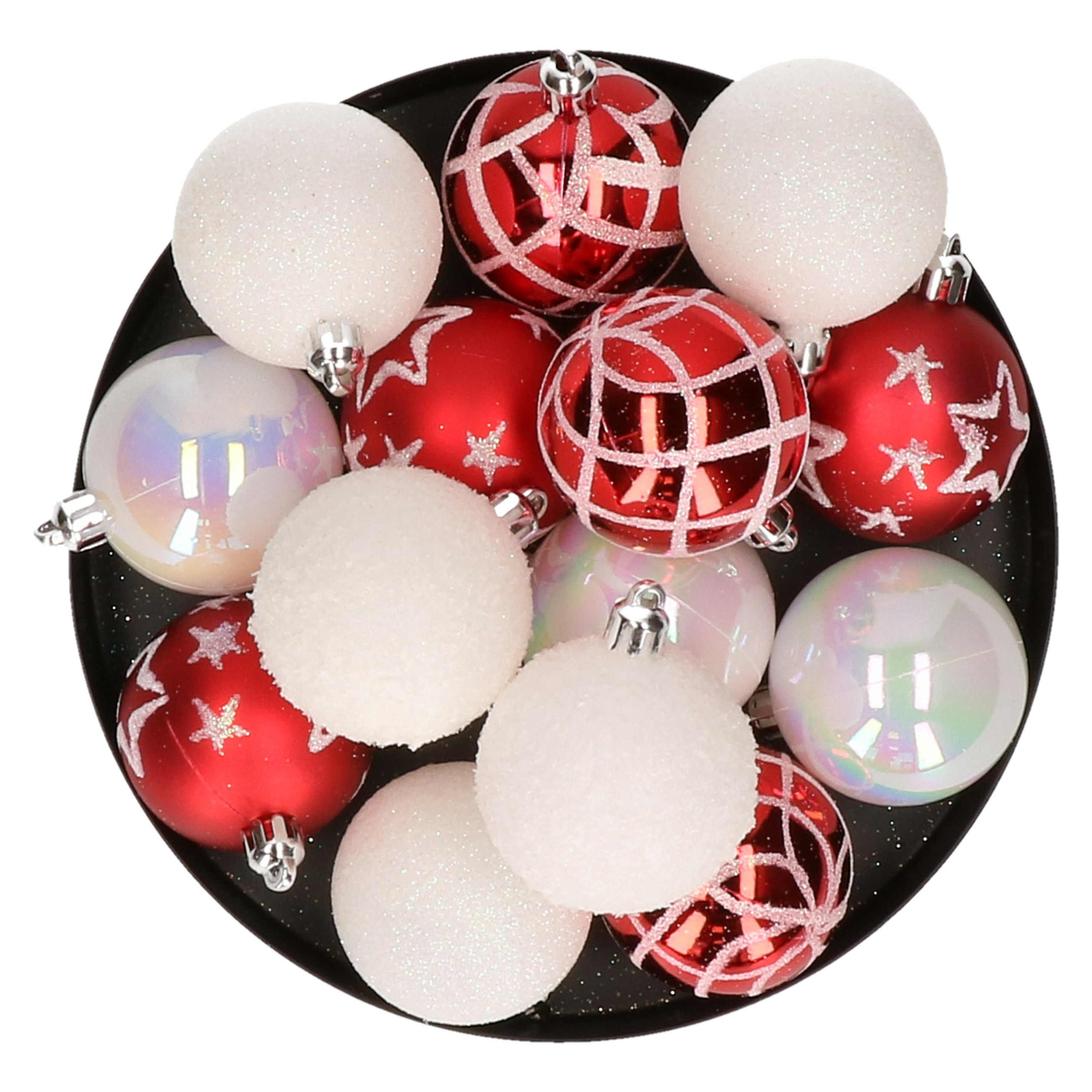 15x stuks kerstballen mix wit-rood gedecoreerd kunststof 5 cm