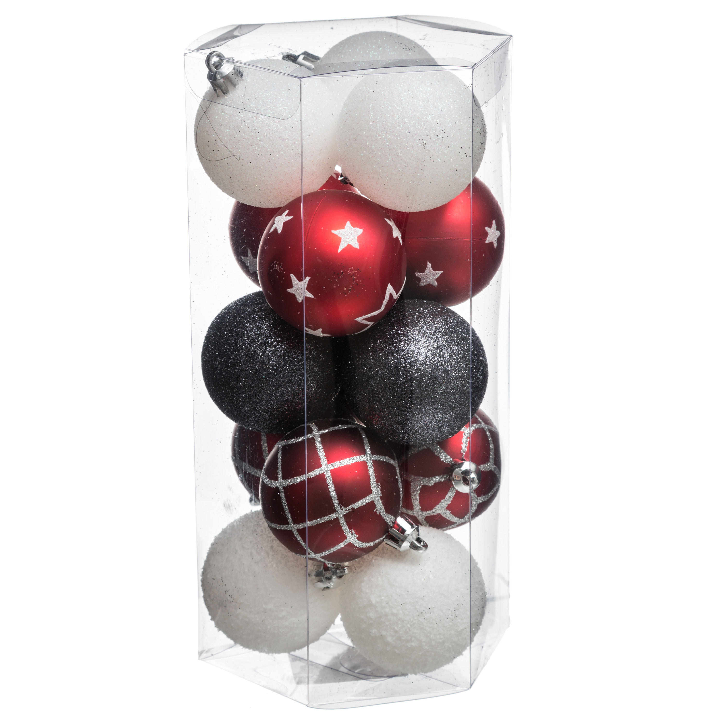 15x stuks kerstballen mix wit-rood-zwart gedecoreerd kunststof 5 cm