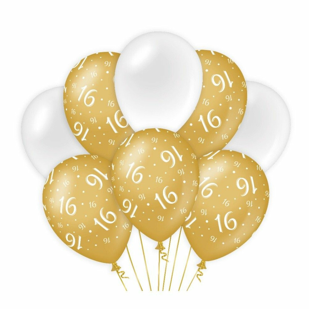 16 jaar leeftijd thema Ballonnen 8x goud-wit Verjaardag Versiering-feestartikelen