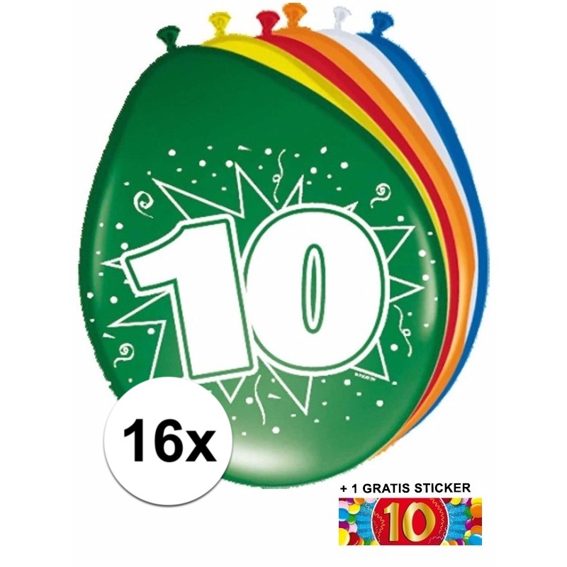16 party ballonnen 10 jaar opdruk + sticker