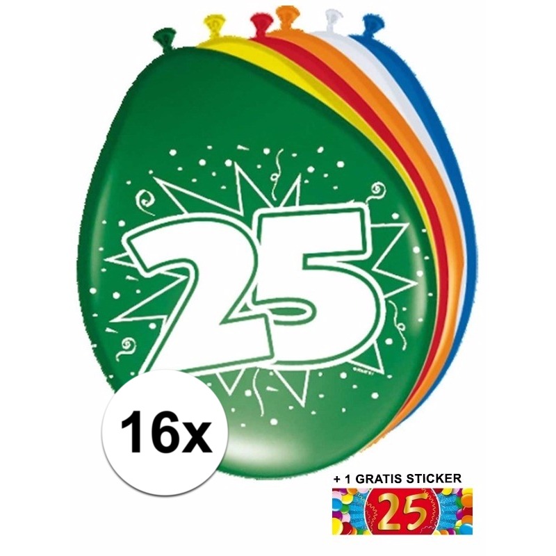 16 party ballonnen 25 jaar opdruk + sticker