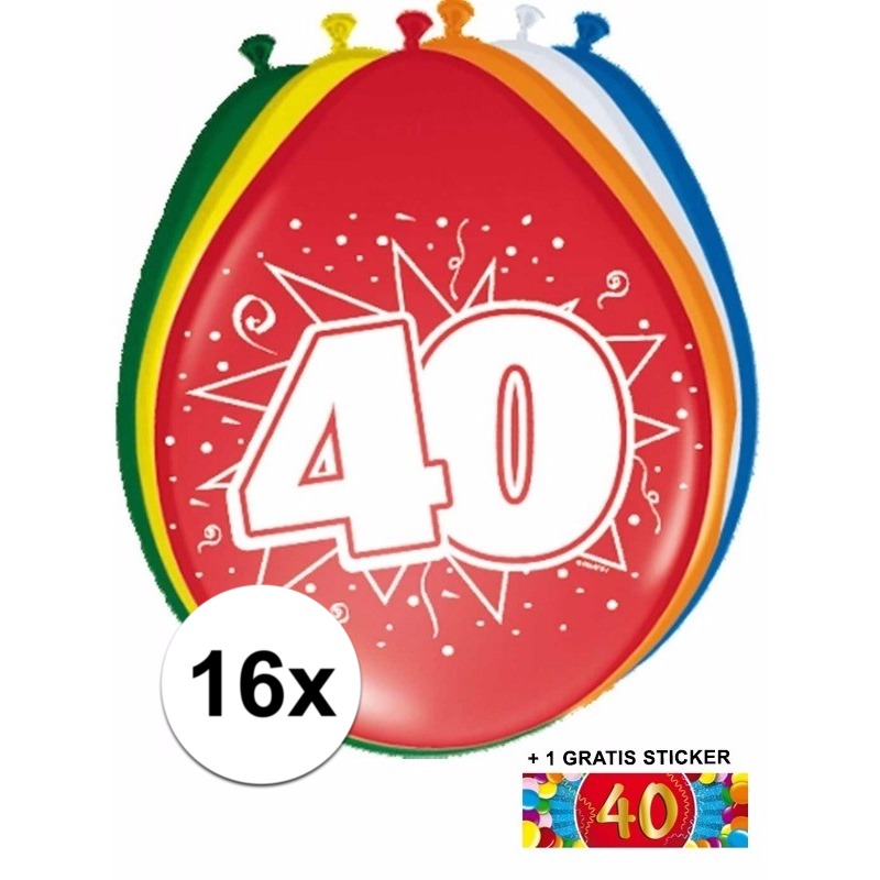 16 party ballonnen 40 jaar opdruk + sticker