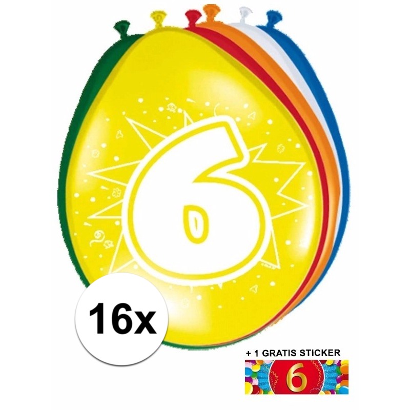 16 party ballonnen 6 jaar opdruk + sticker