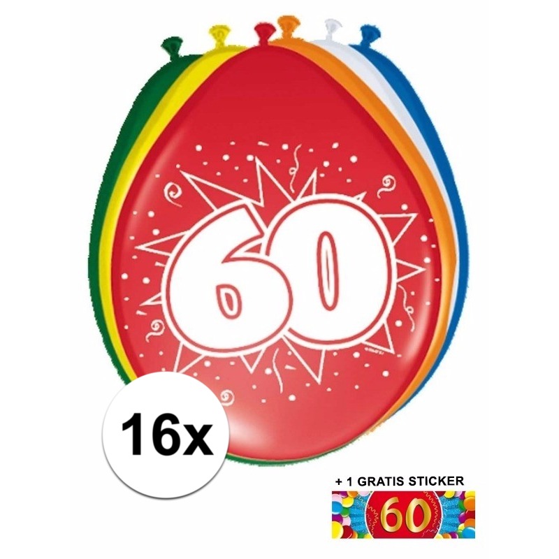 16 party ballonnen 60 jaar opdruk + sticker