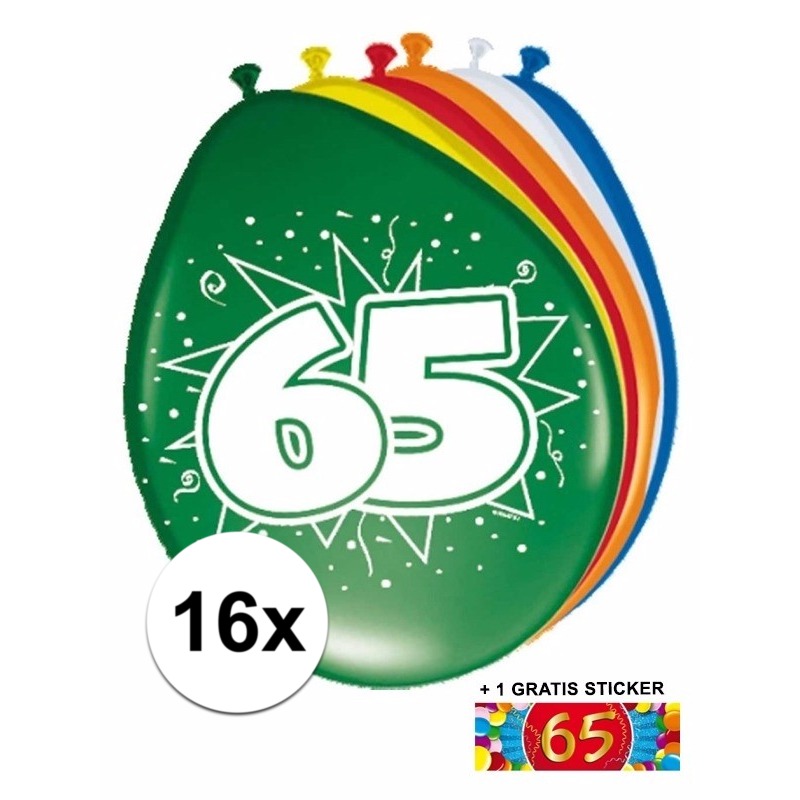 16 party ballonnen 65 jaar opdruk + sticker