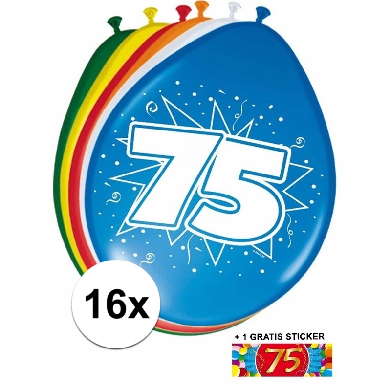 16 party ballonnen 75 jaar opdruk + sticker