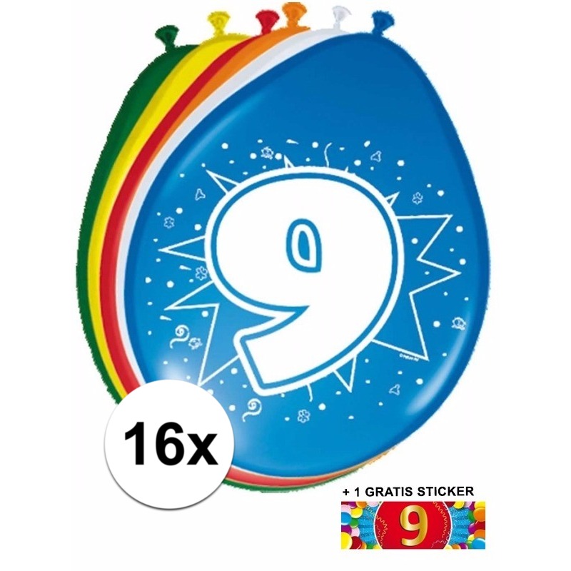 16 party ballonnen 9 jaar opdruk + sticker