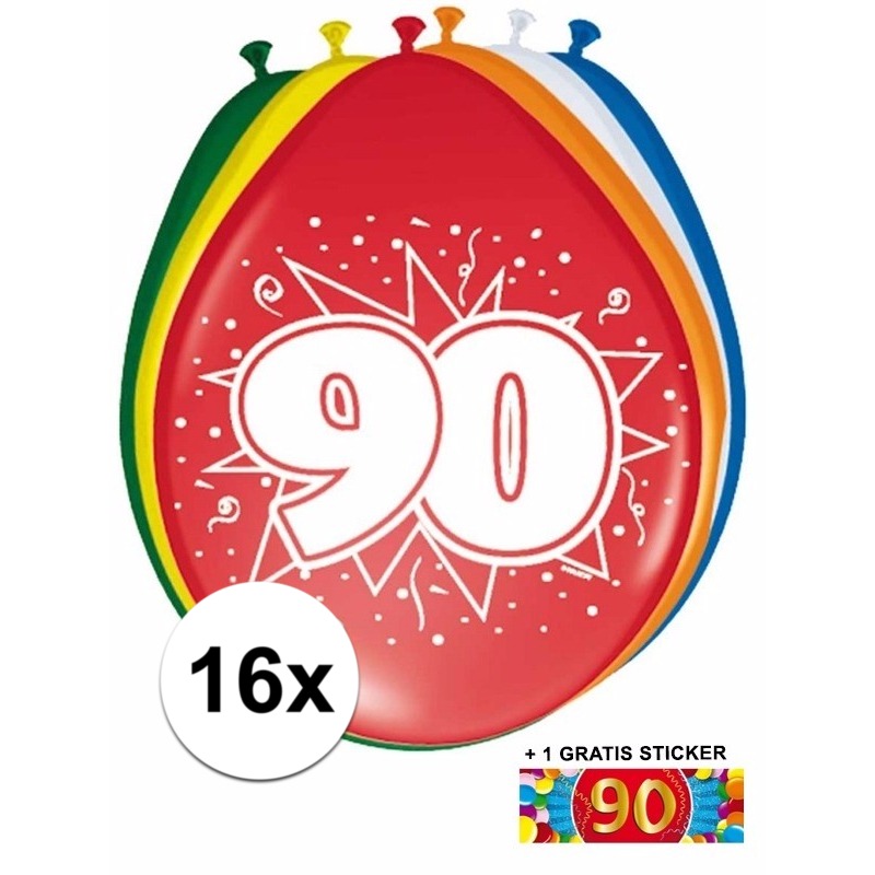 16 party ballonnen 90 jaar opdruk + sticker