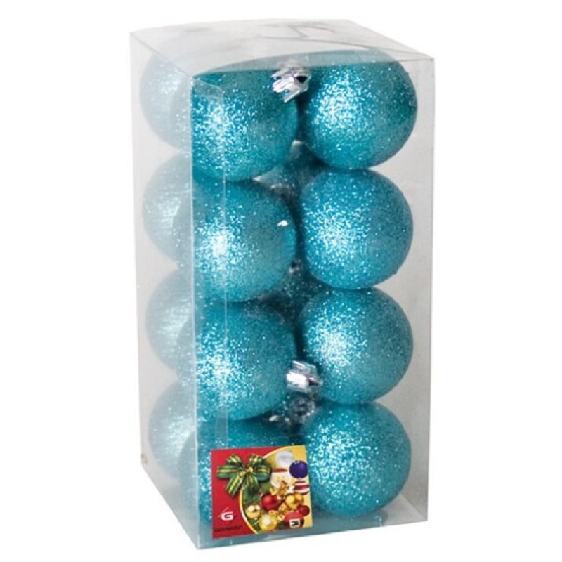 16x stuks kerstballen ijsblauw glitters kunststof 5 cm