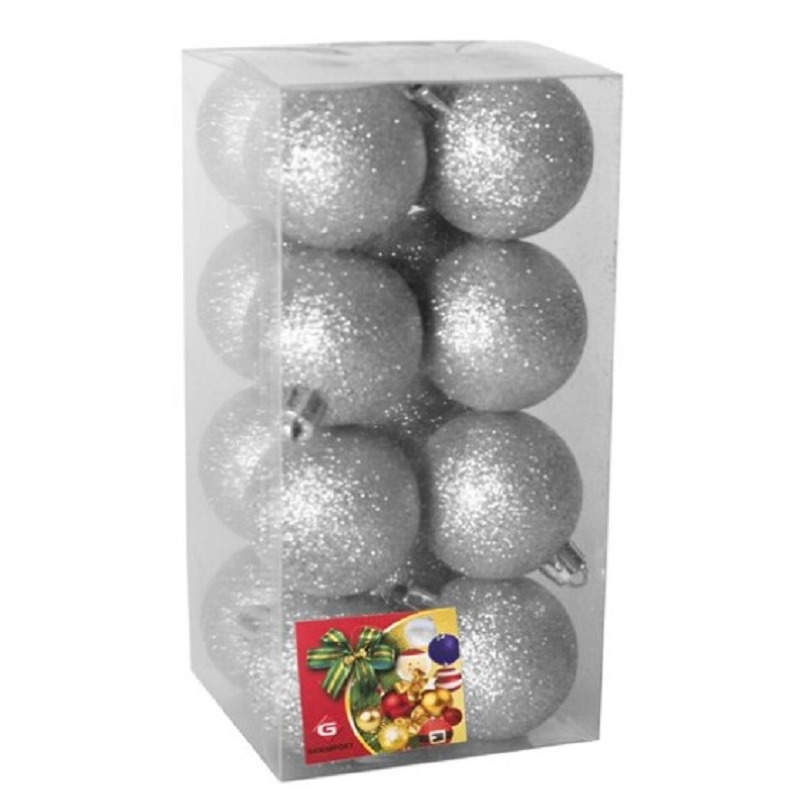 16x stuks kerstballen zilver glitters kunststof 5 cm