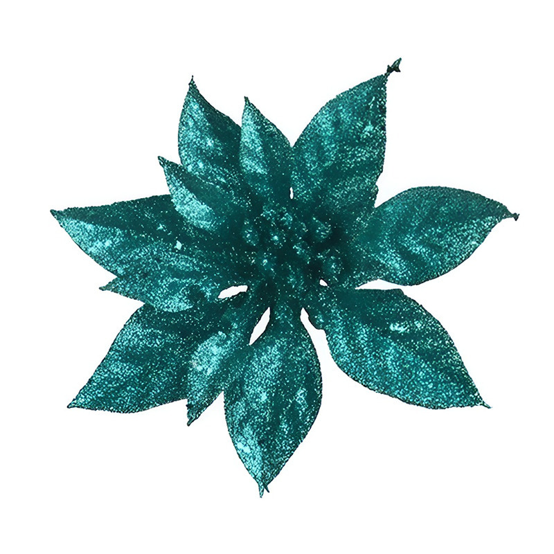 1x Kerstbloemen versiering emerald groene glitter kerstster-poinsettia op clip 15 cm