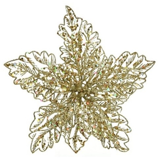 1x Kerstbloemen versiering gouden glitter kerstster-poinsettia op clip 23 x 10 cm