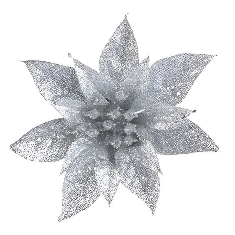 1x Kerstbloemen versiering zilveren glitter kerstster-poinsettia op clip 15 cm