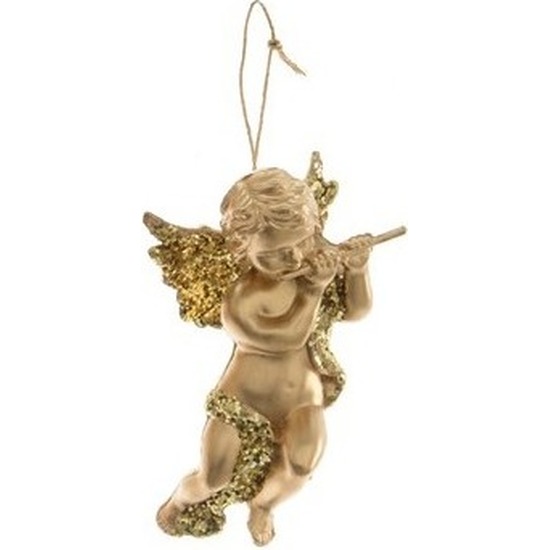 1x Kerstboomhanger-Kersthanger gouden engelen met dwarsfluit 10 cm