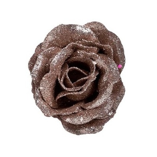1x Oud roze roos met glitters bloemen op clip 7 cm kerstversiering