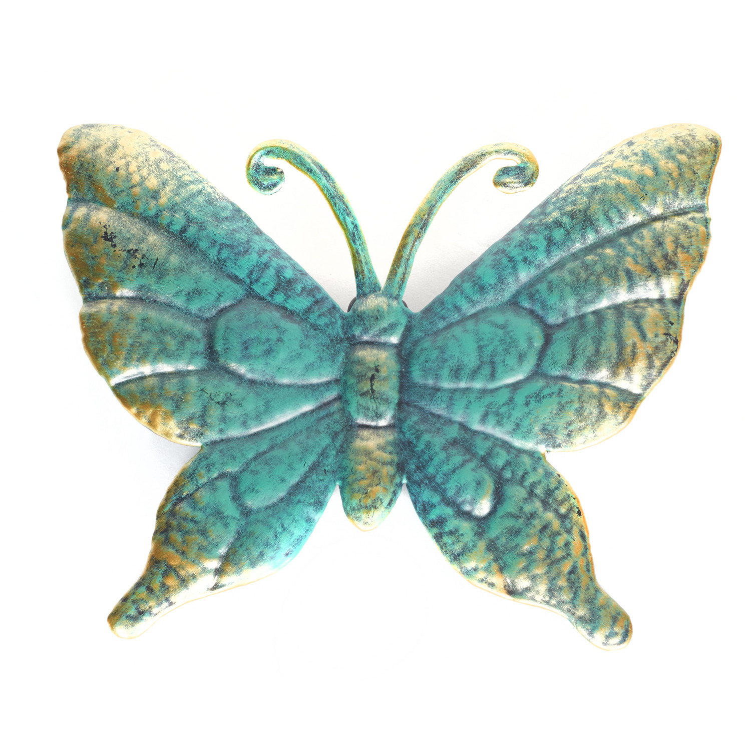 1x Schutting decoratie vlinders 22 cm turquoise-goud metaal