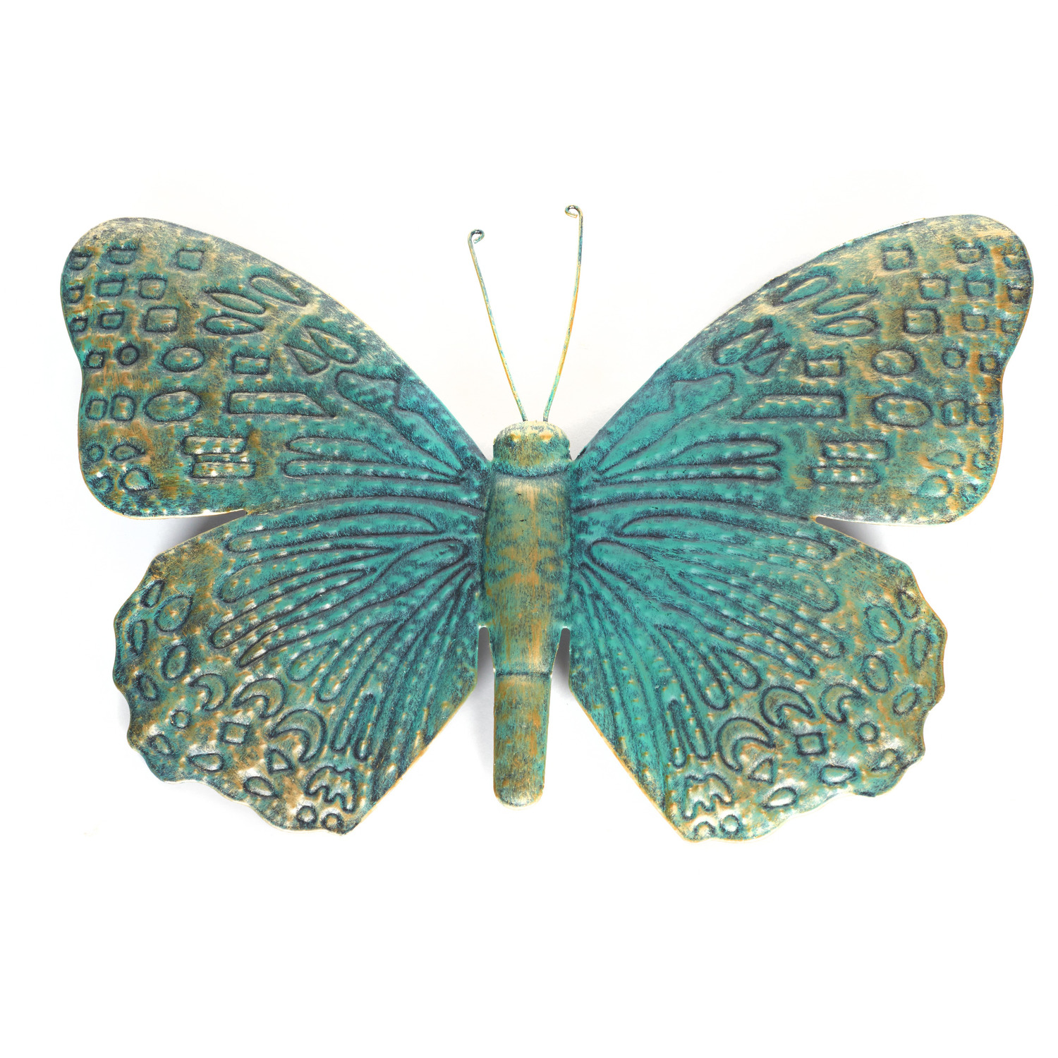 1x Schutting decoratie vlinders 31 cm turquoise-goud metaal
