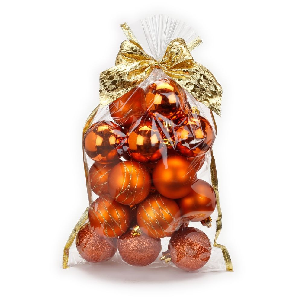 20x stuks kunststof kerstballen oranje-koper mix 6 cm in giftbag
