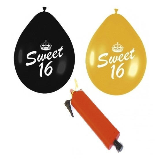 24 stuks Sweet Sixteen ballonnen met pomp zwart/goud