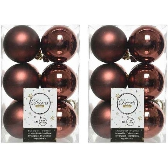 24x Mahonie bruine kerstballen 6 cm glanzende-matte kunststof-plastic kerstversiering