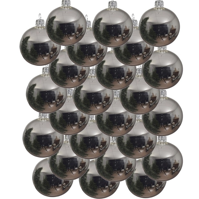 24x Zilveren kerstballen 8 cm glanzende glas kerstversiering