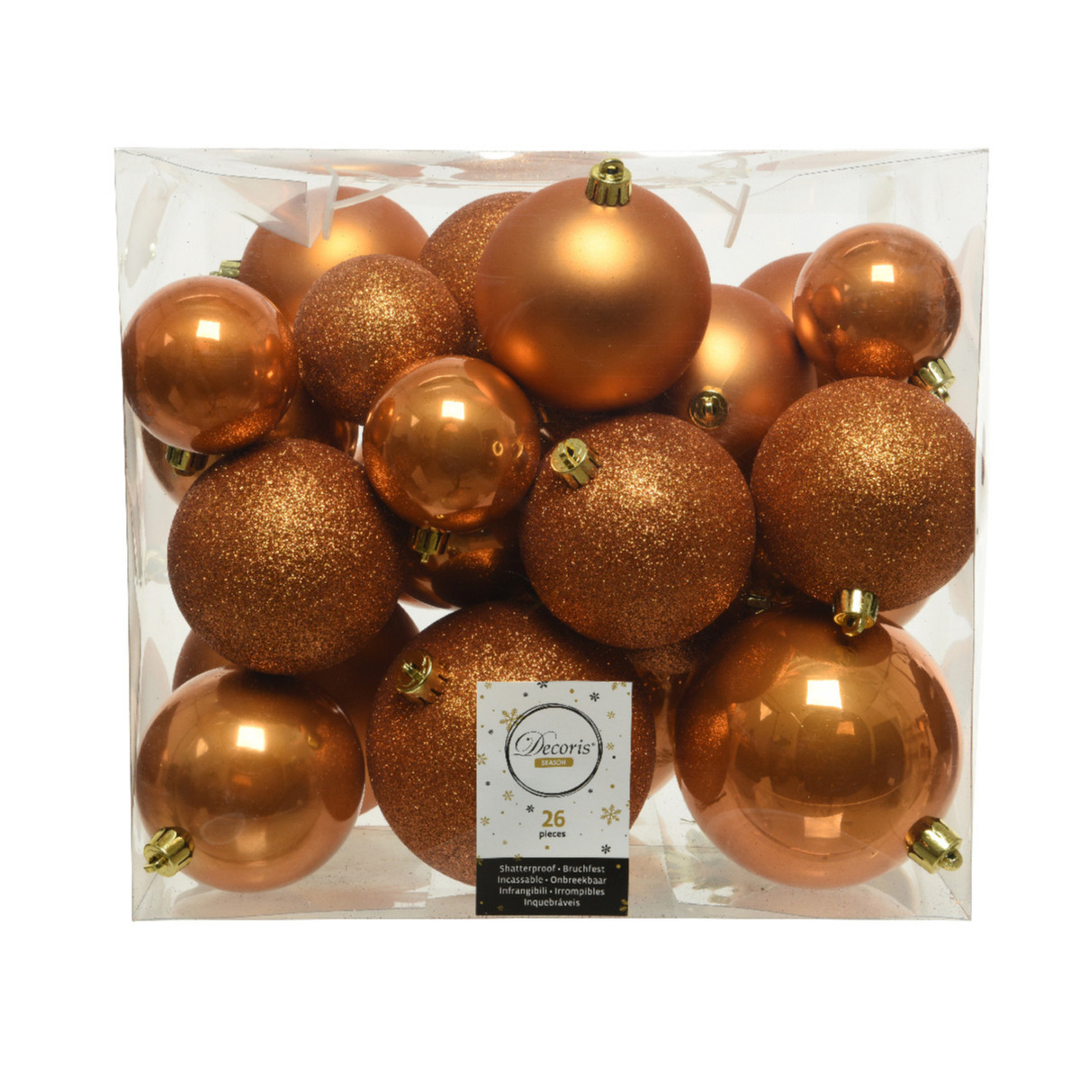 26x stuks kunststof kerstballen cognac bruin (amber) 6-8-10 cm glans-mat-glitter
