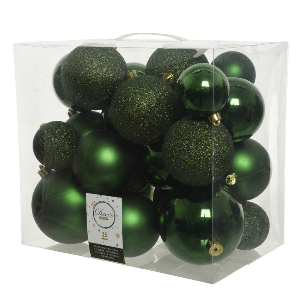 26x stuks kunststof kerstballen donkergroen (pine) 6-8-10 cm glans-mat-glitter