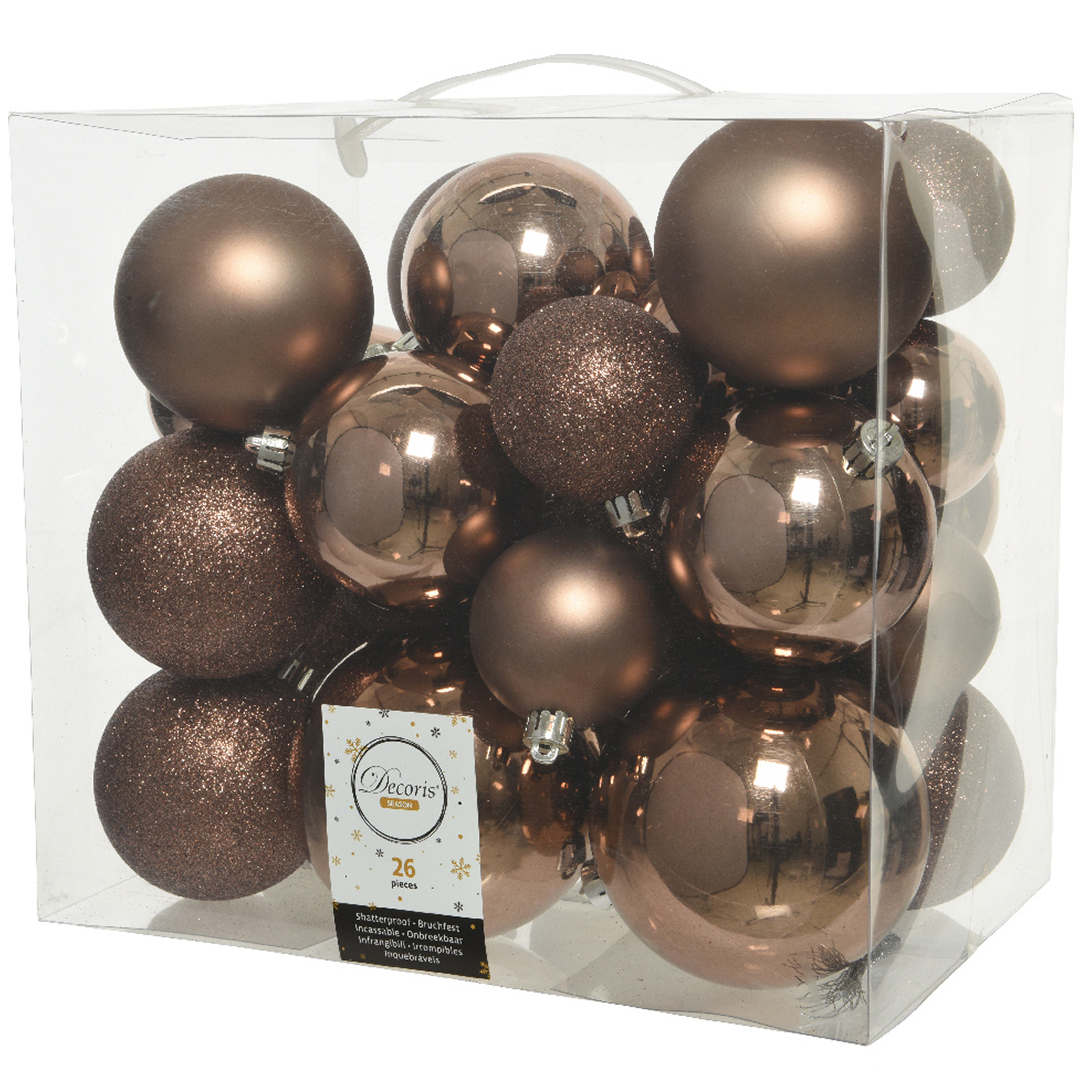 26x stuks kunststof kerstballen walnoot bruin 6-8-10 cm glans-mat-glitter