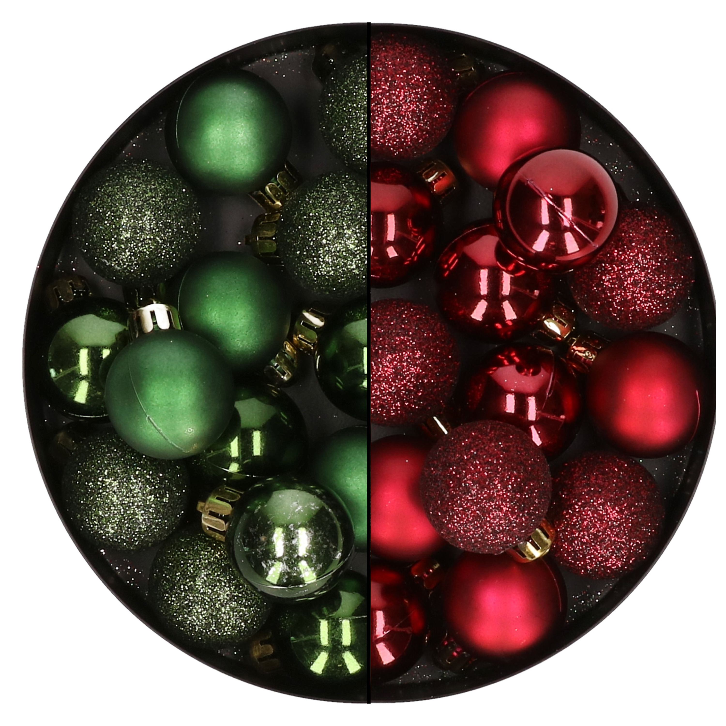28x stuks kleine kunststof kerstballen bordeaux rood en dennengroen 3 cm