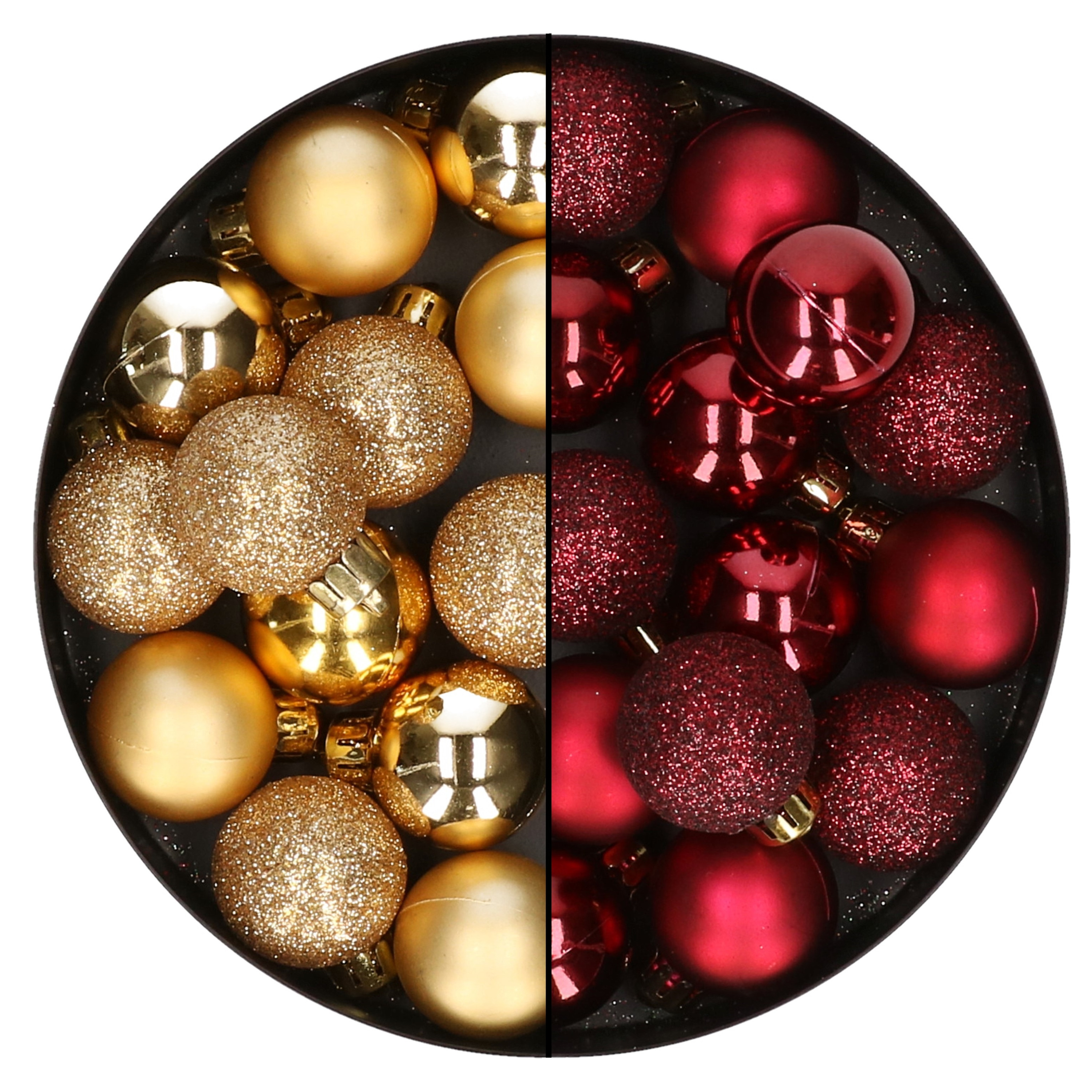 28x stuks kleine kunststof kerstballen bordeaux rood en goud 3 cm