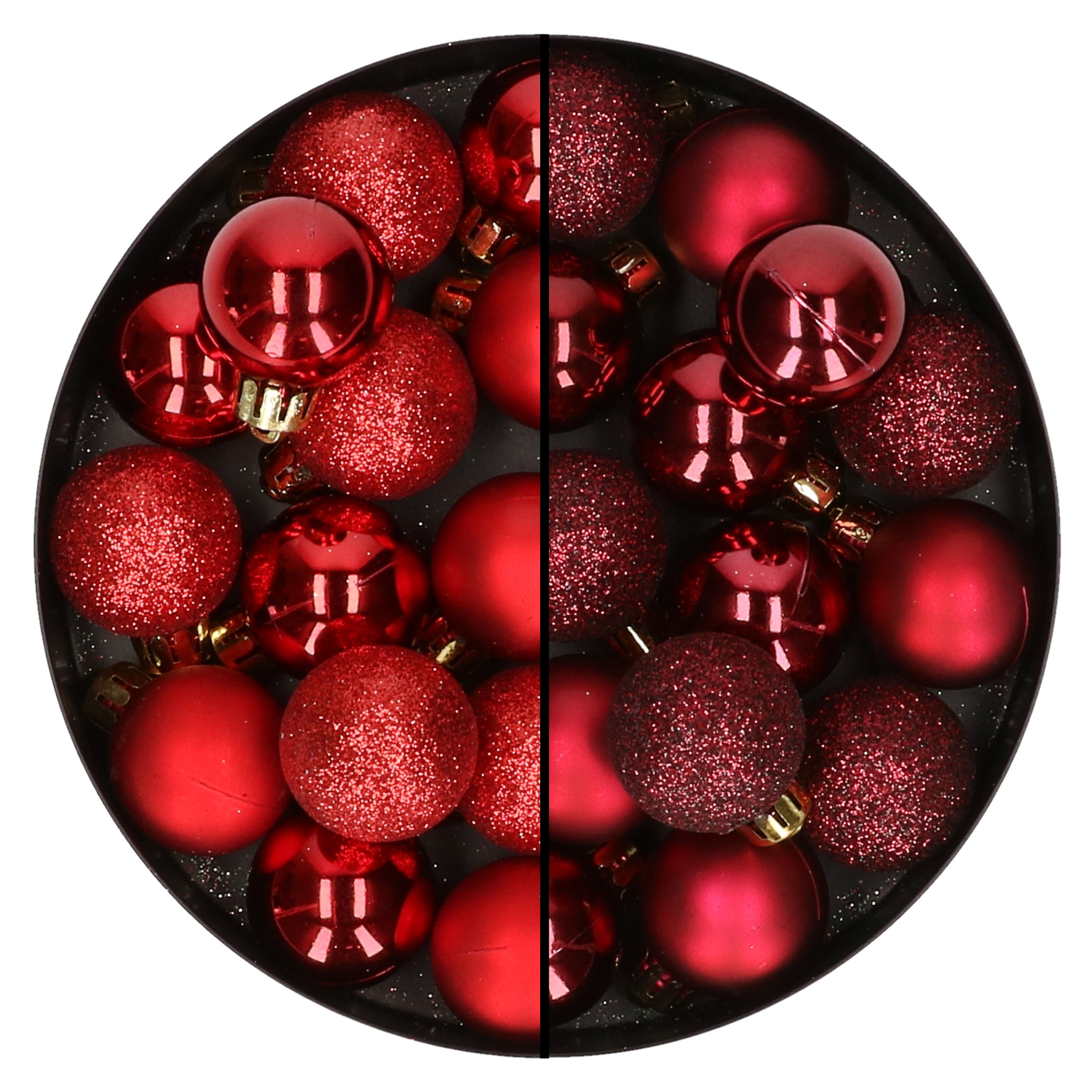 28x stuks kleine kunststof kerstballen bordeaux rood en rood 3 cm
