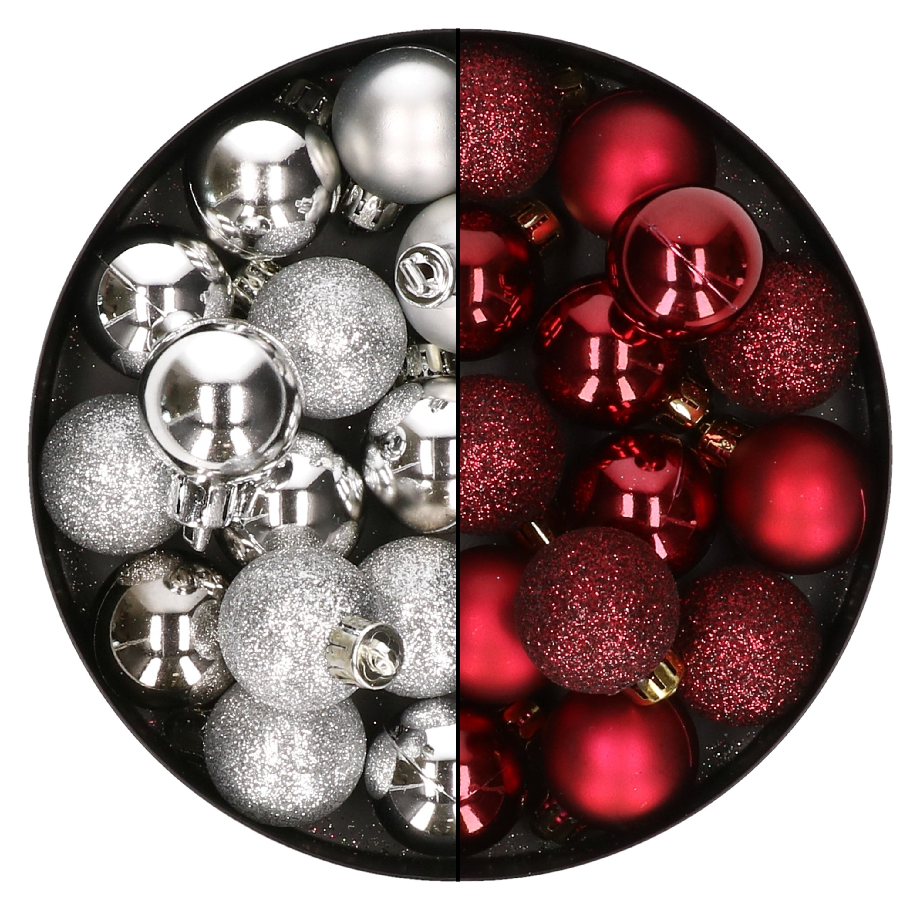 28x stuks kleine kunststof kerstballen bordeaux rood en zilver 3 cm