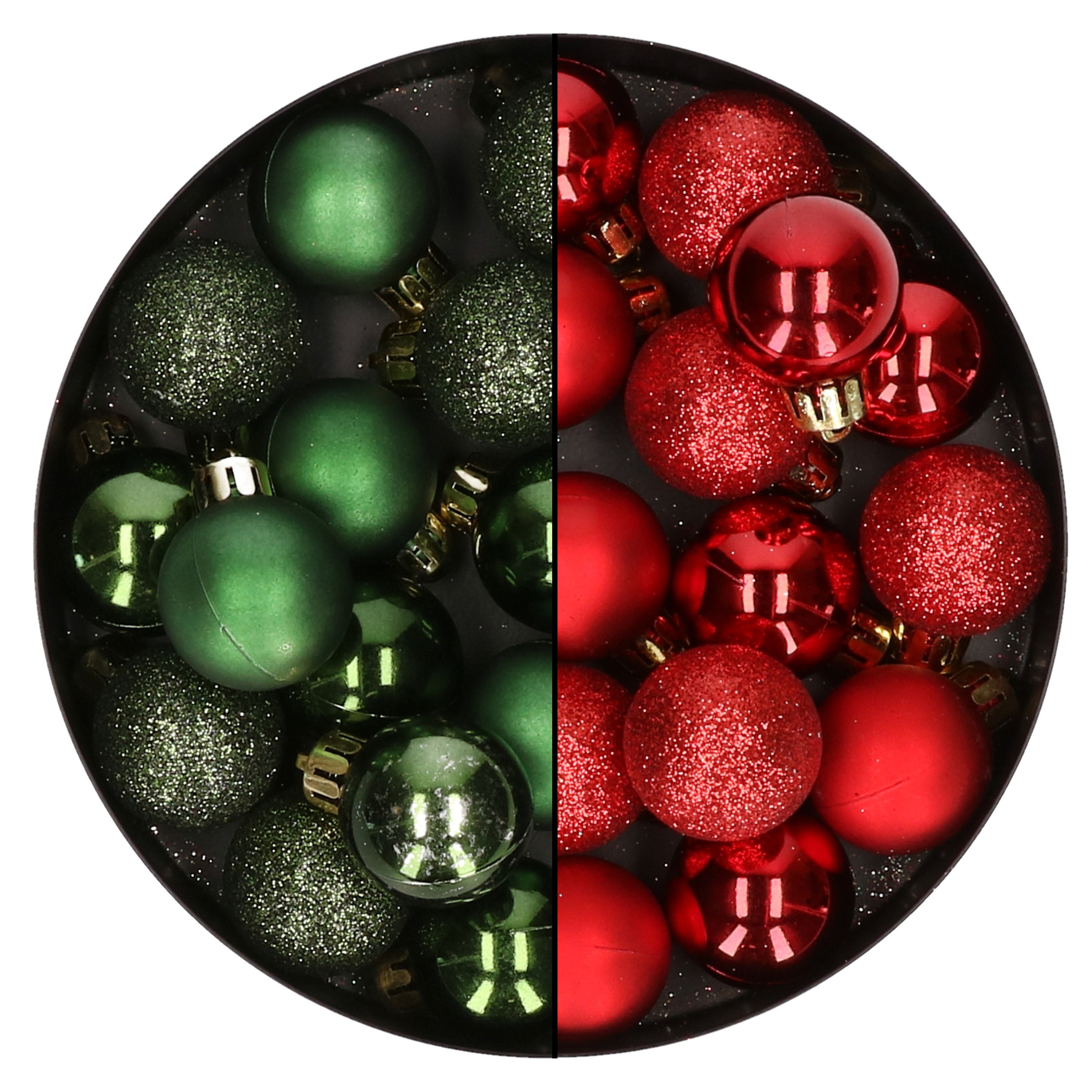 28x stuks kleine kunststof kerstballen dennengroen en rood 3 cm