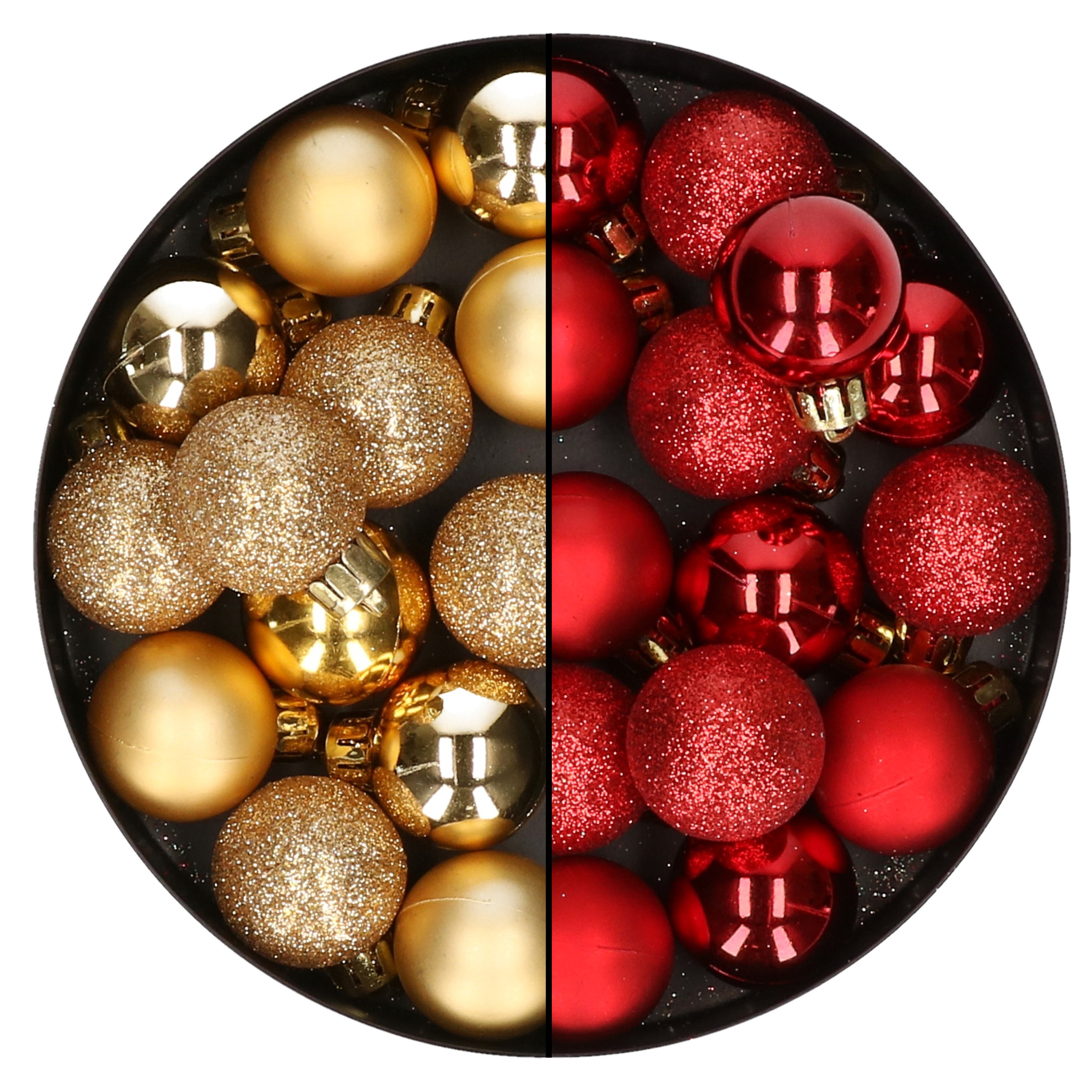 28x stuks kleine kunststof kerstballen goud en rood 3 cm