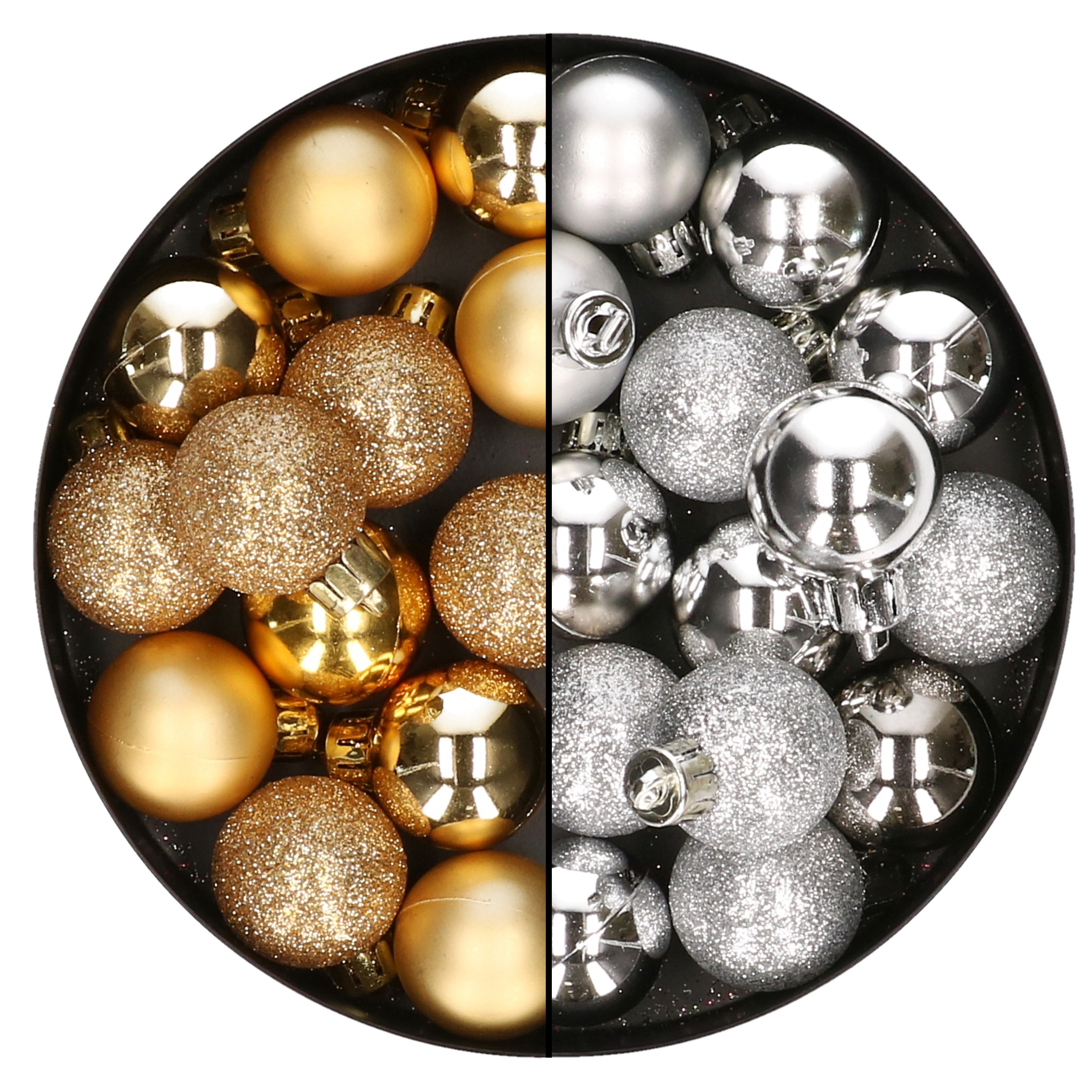28x stuks kleine kunststof kerstballen goud en zilver 3 cm
