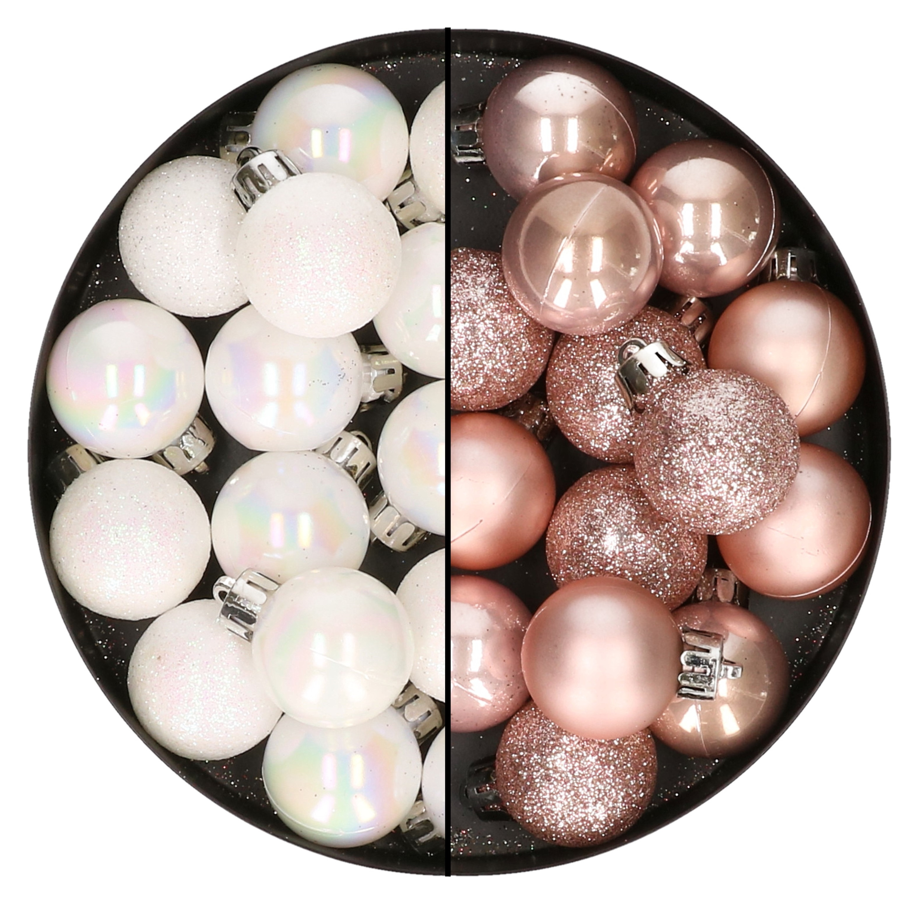 28x stuks kleine kunststof kerstballen lichtroze en parelmoer wit 3 cm