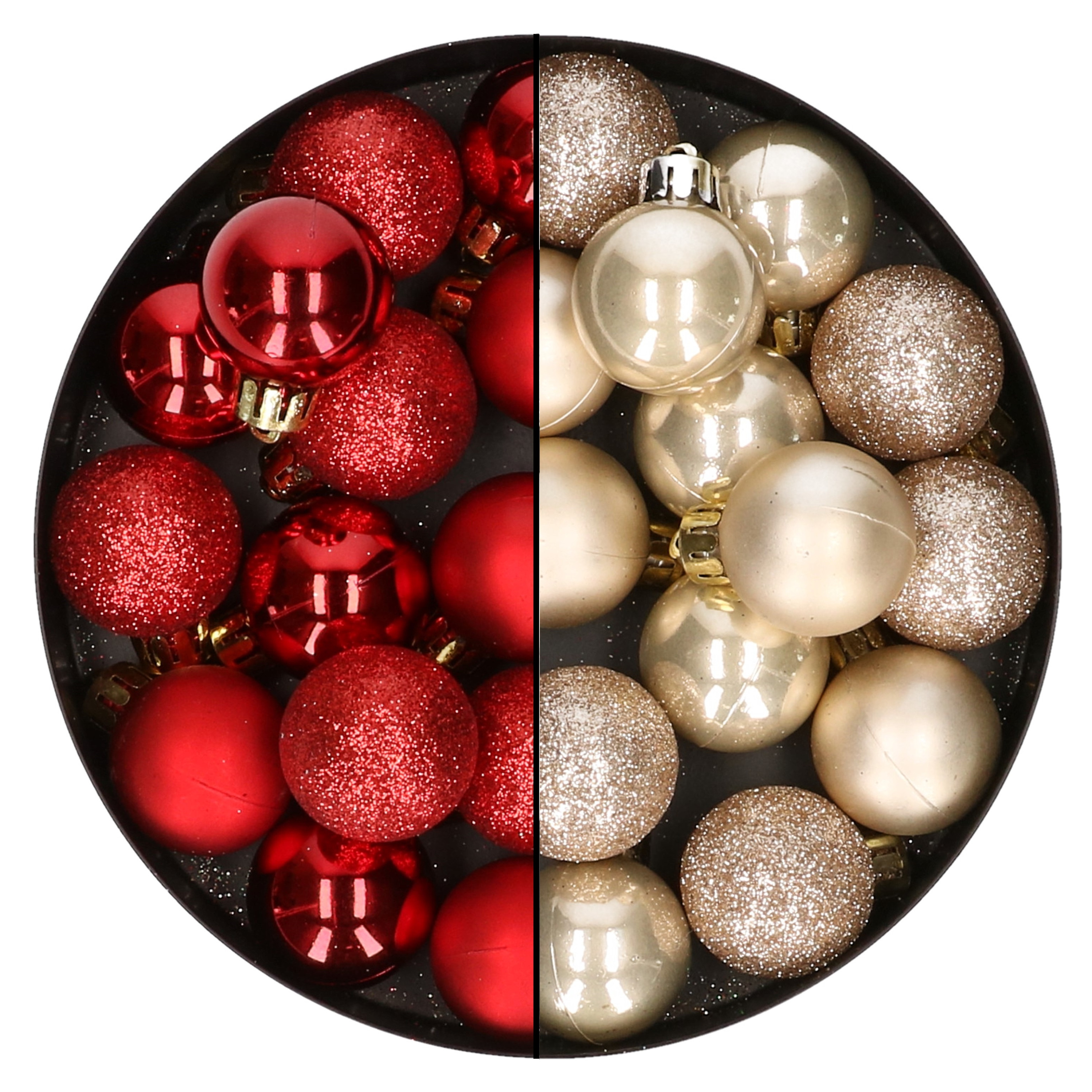 28x stuks kleine kunststof kerstballen rood en champagne 3 cm