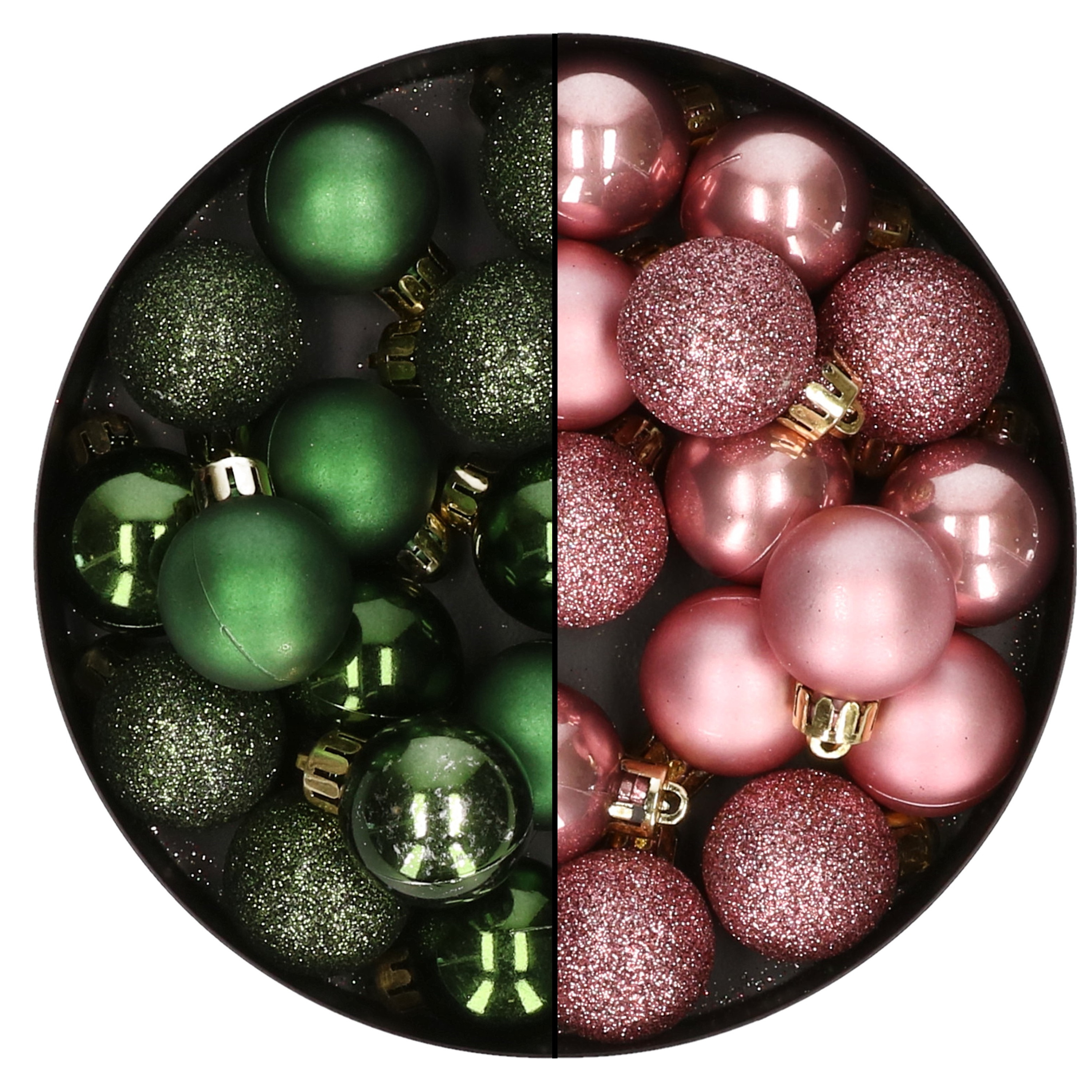 28x stuks kleine kunststof kerstballen velvet roze en dennengroen 3 cm